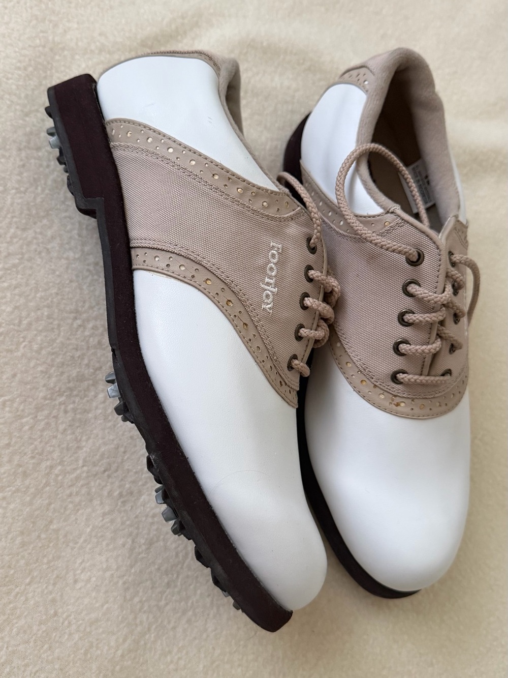 FootJoy Greenjoys Women's Golf Shoes White Khaki Brown Spikes Size 9 M